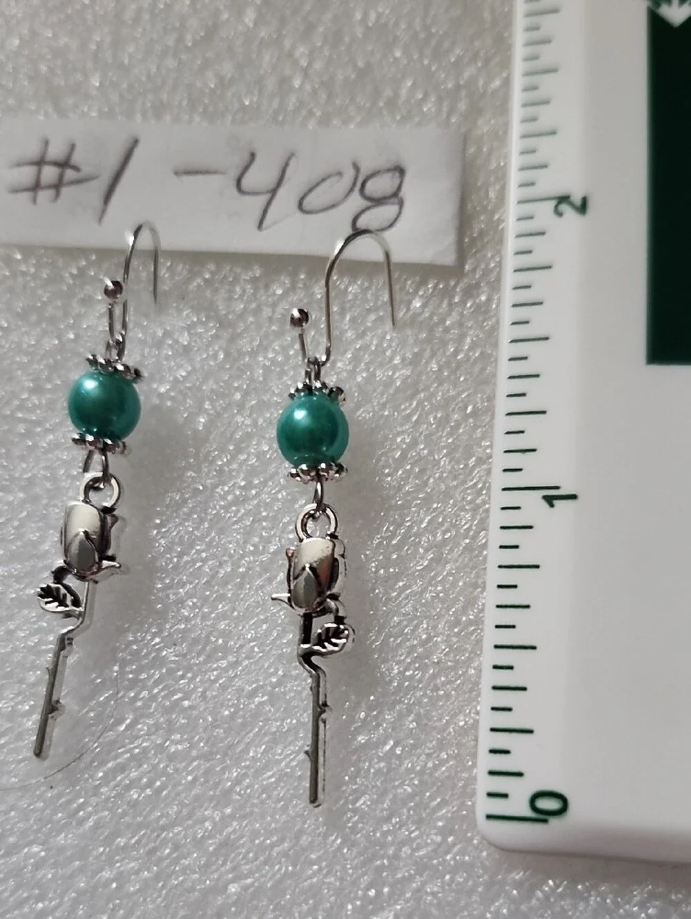 Hand Crafted Teal Bead Silver Rose Key Dangle Earrings